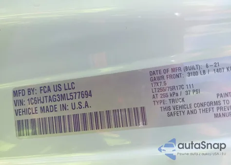 2021 Jeep Gladiator Willys 4X4 z USA, uszkodzony, nr VIN 1C6HJTAG3ML577694